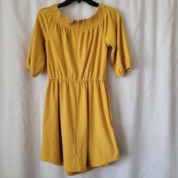 Maurice's Dress Peasant  BOHO Smocked Small Mustard Yellow Off Shoulder Unique - Picture 3 of 11